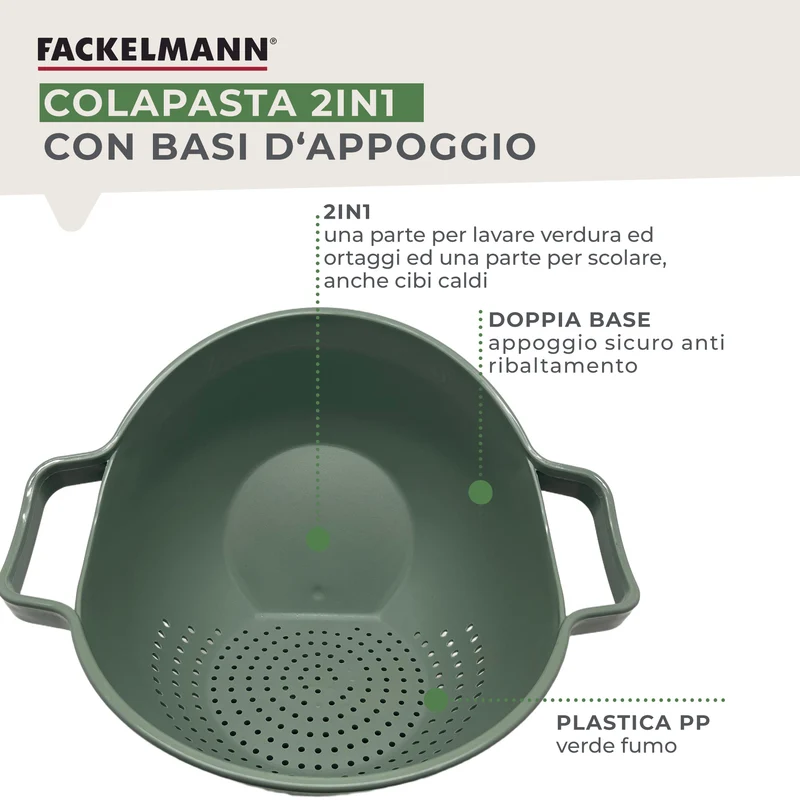 Colapasta 2 in 1 Ø22,5 cm in Plastica PP – Scolapasta da Appoggio Antiurto