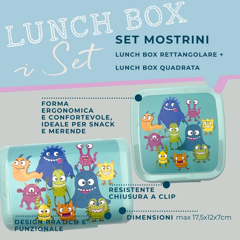 Set da 2 lunch box, design mostriciattoli, 13,5 x 12,5 x 8,5 cm e 17,5 x 12 x 7 cm