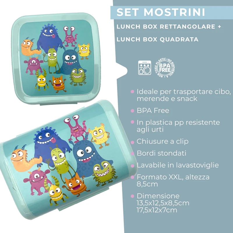 Set da 2 lunch box, design mostriciattoli, 13,5 x 12,5 x 8,5 cm e 17,5 x 12 x 7 cm