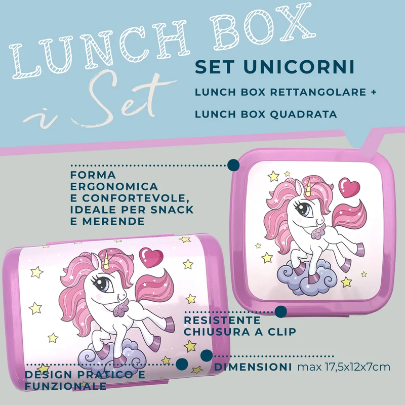 Set da 2 lunch box, design unicorno, 13,5 x 12,5 x 8,5 cm e 17,5 x 12 x 7 cm