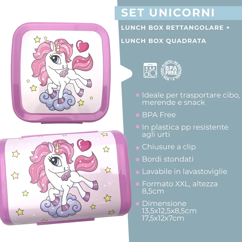Set da 2 lunch box, design unicorno, 13,5 x 12,5 x 8,5 cm e 17,5 x 12 x 7 cm