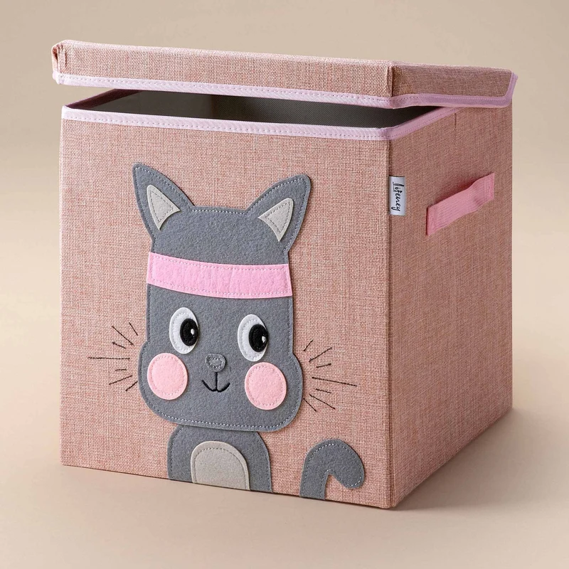 Scatola portaoggetti rosa, con coperchio, design gatto, 33x33x33 cm