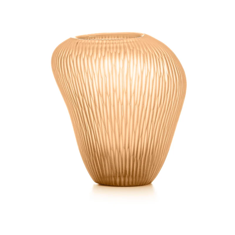 Carving Vaso In Vetro Pesca Satinato Con Righe Molate Verticali Mosse H.23