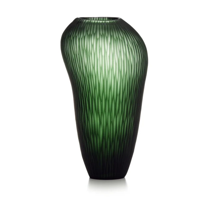 Carving Vaso In Vetro Verde Satinato Con Righe Molate Verticali Mosse H.36