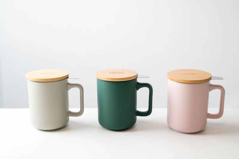 Taza de Té Cerámica con Filtro Infusor Inox y Tapa de Bambú