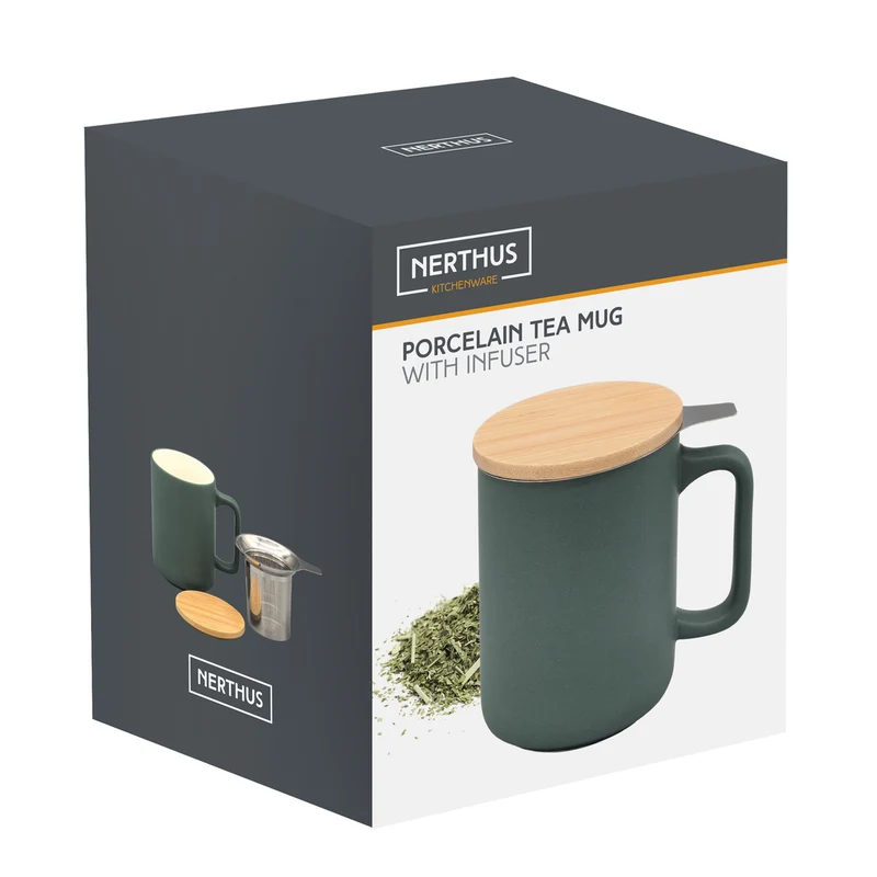 Taza de Té Cerámica con Filtro Infusor Inox y Tapa de Bambú