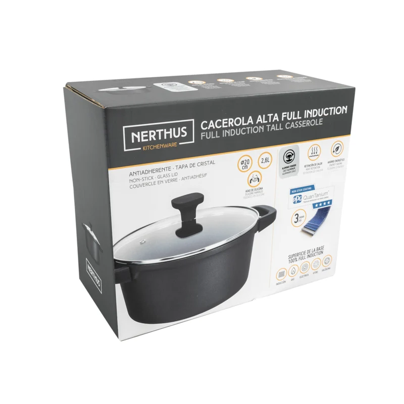 Cacerola Alta Con Tapa de Cristal – Antiadherente Quantanium de PPG Reforzada Con Titanio