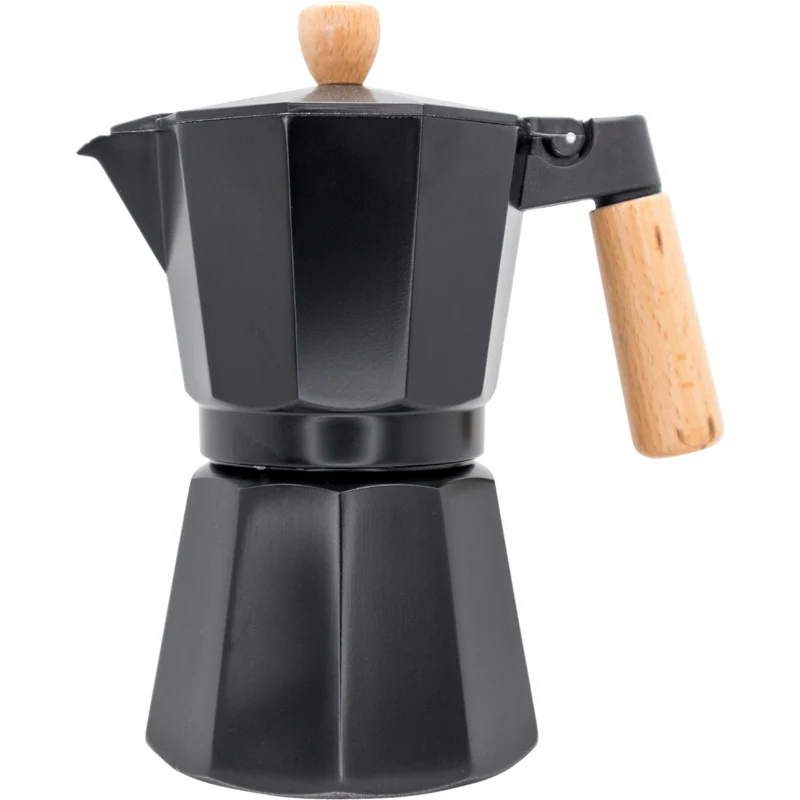 Cafetera Italiana Inducción Negra con Detalles en Madera