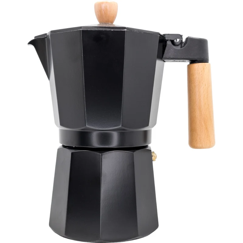 Cafetera Italiana Inducción Negra con Detalles en Madera