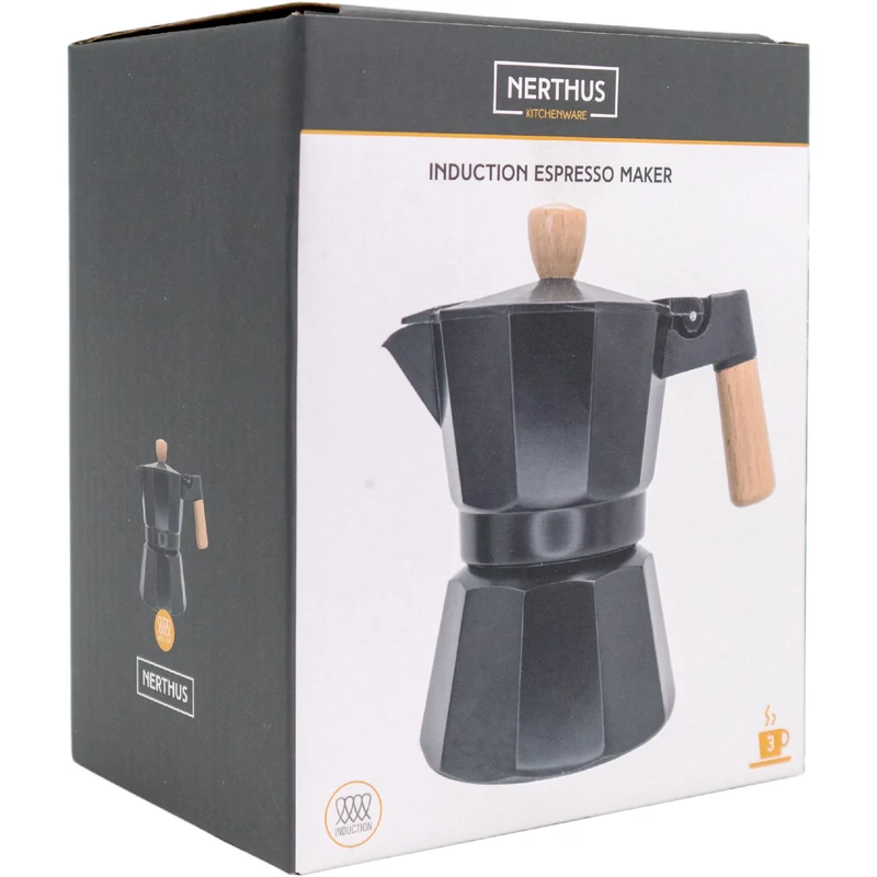 Cafetera Italiana Inducción Negra con Detalles en Madera