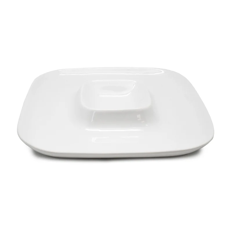 Plato Cuadrado para Snacks de Porcelana con Centro para Salsa