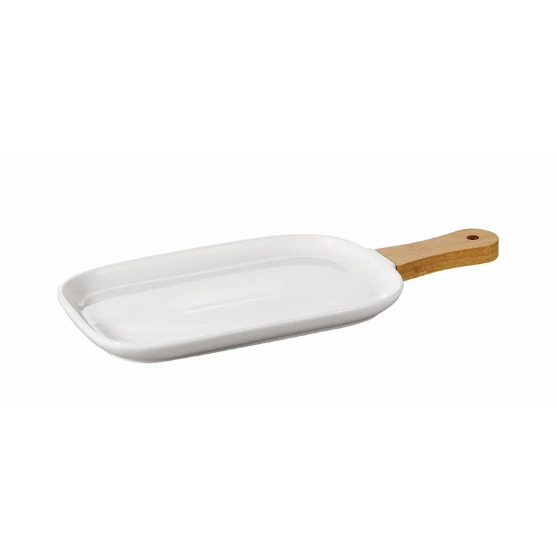 Bandeja de Porcelana para Snacks con Asa de Bambú