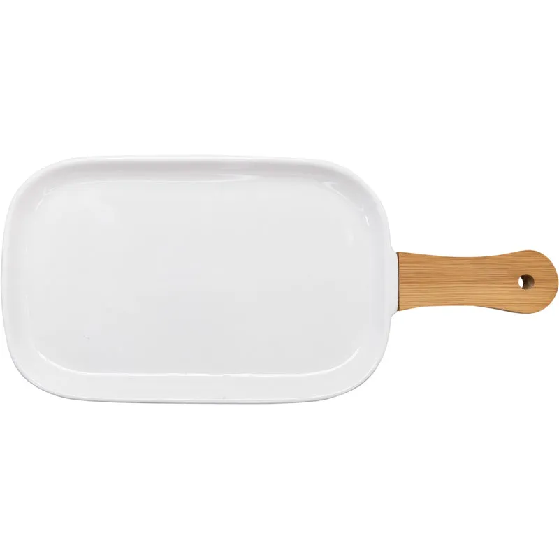 Bandeja de Porcelana para Snacks con Asa de Bambú