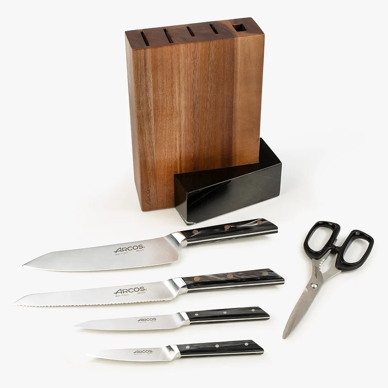 Juego cocina 4 pzas. Serie Eclipse + Tijeras + Soporte de Madera de Acacia y Mármol Negro
