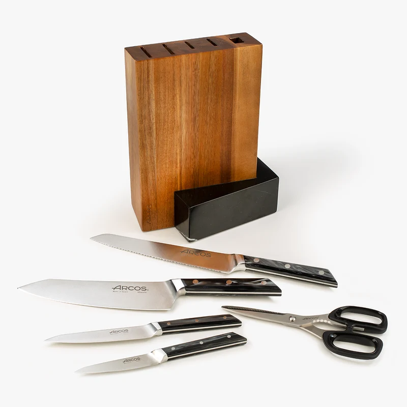 Juego cocina 4 pzas. Serie Eclipse + Tijeras + Soporte de Madera de Acacia y Mármol Negro