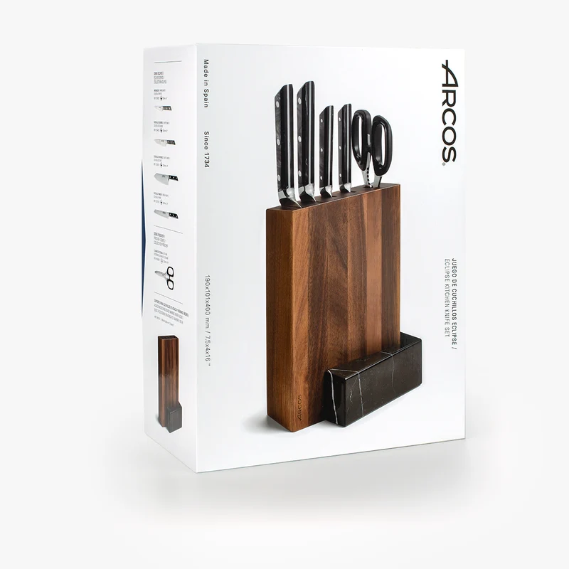 Juego cocina 4 pzas. Serie Eclipse + Tijeras + Soporte de Madera de Acacia y Mármol Negro