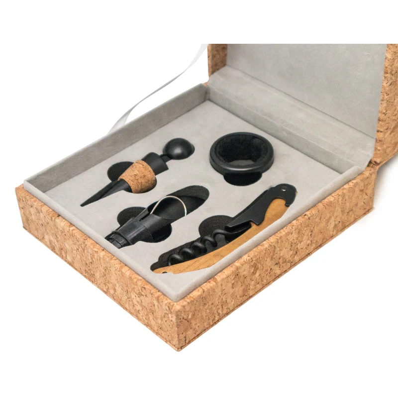 Set de accesorios para vino en caja de corcho natural
