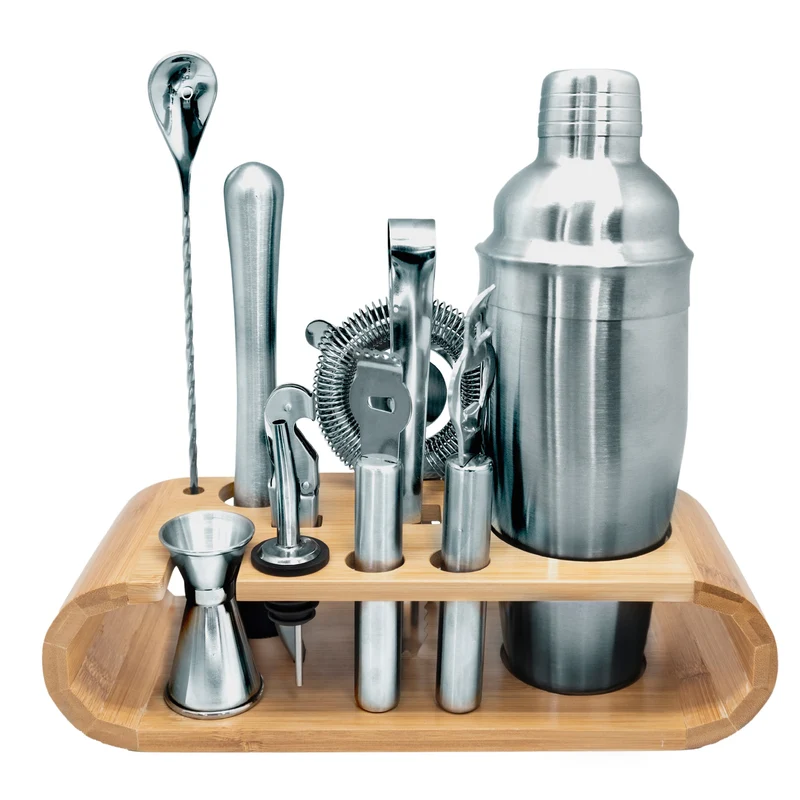 Set de coctelería con base de bambú inox