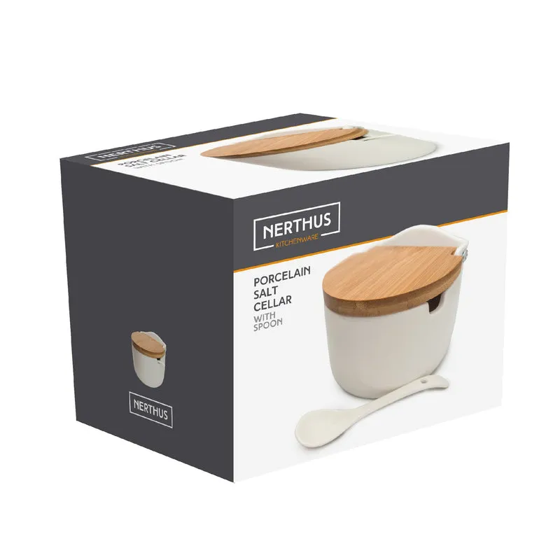 Salero de porcelana con tapa y cuchara incluida