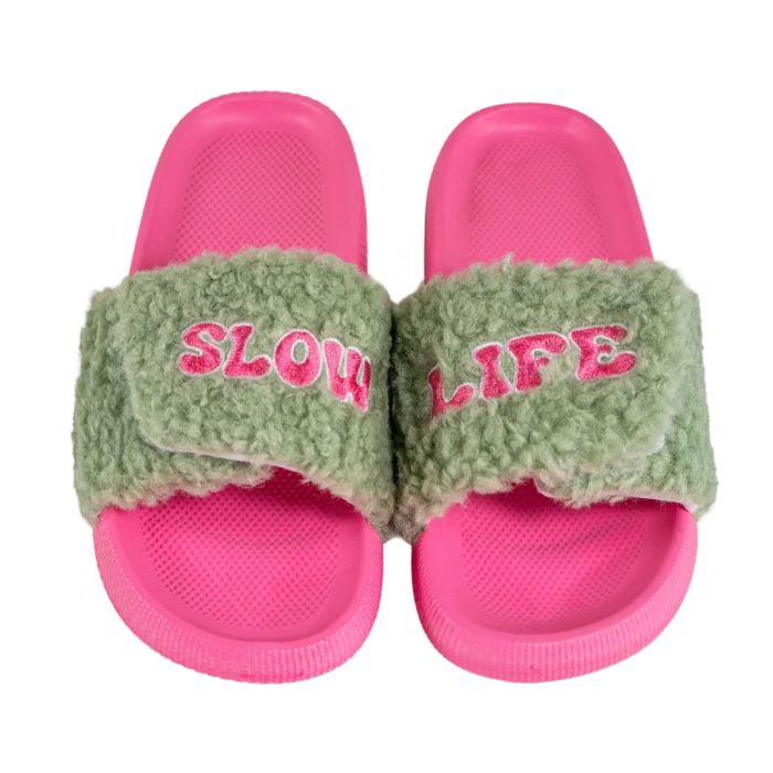 Ciabatte con strap. Decoro SLOW LIFE. Taglia S/M.