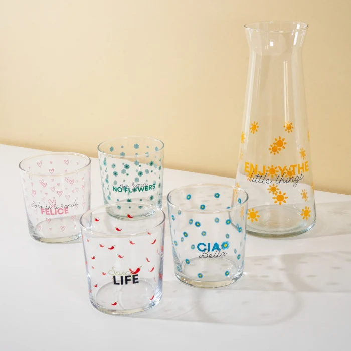 Set 4 bicchieri in vetro decorati 300 ml. Decoro SCRITTE.
