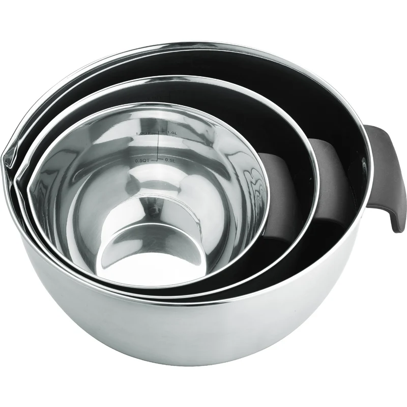 Set de 3 bowls de acero inoxidable con asas y base antideslizante