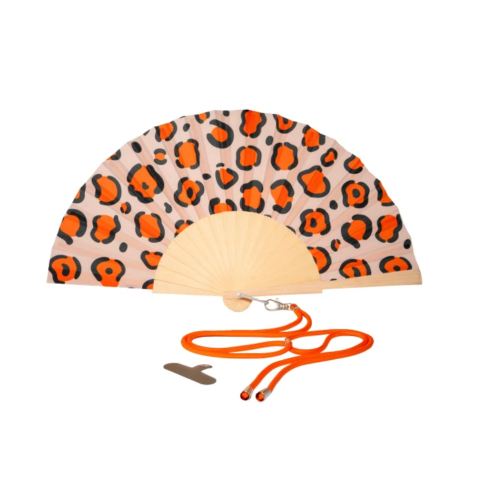 Ventaglio in legno e tessuto con laccio. Decoro LEOPARDATO.