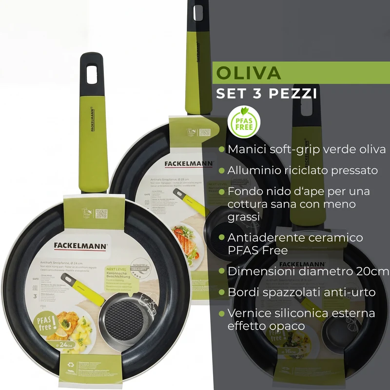 Set 3 padelle antiaderenti in alluminio, fondo a nido d'ape, 20-24-28 cm, Linea Oliva