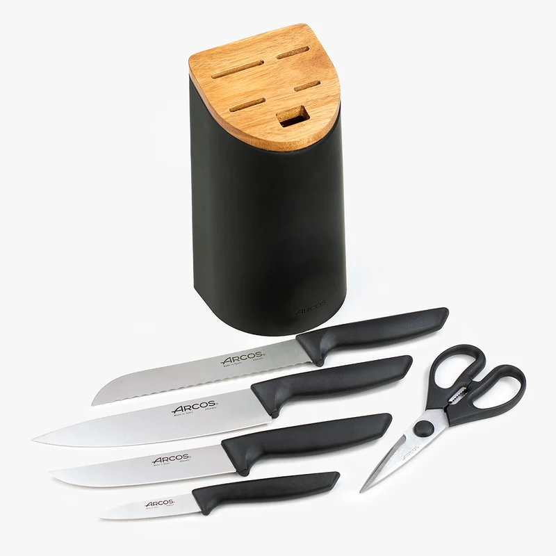 Juego cocina 4 Cuchillos Niza + Tijeras + Soporte de cuchillos negro con tapa de madera de acacia
