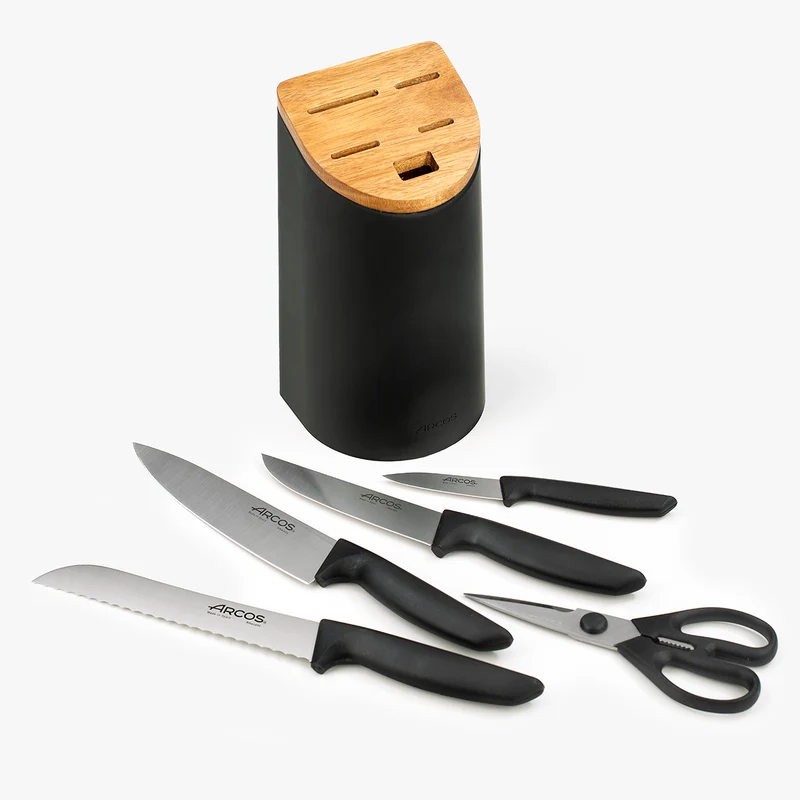 Juego cocina 4 Cuchillos Niza + Tijeras + Soporte de cuchillos negro con tapa de madera de acacia