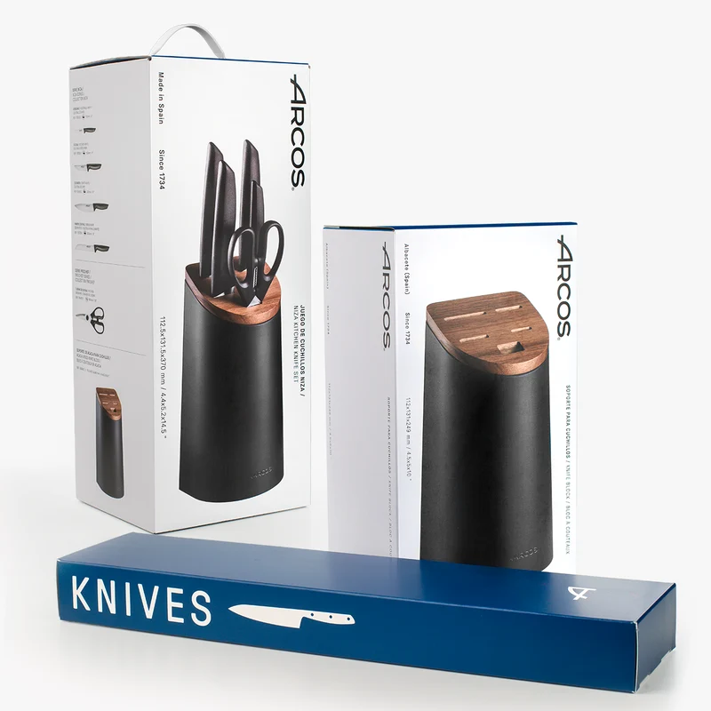Juego cocina 4 Cuchillos Niza + Tijeras + Soporte de cuchillos negro con tapa de madera de acacia