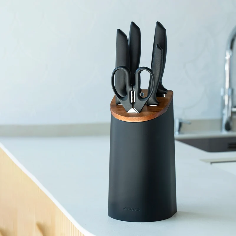 Juego cocina 4 Cuchillos Niza + Tijeras + Soporte de cuchillos negro con tapa de madera de acacia