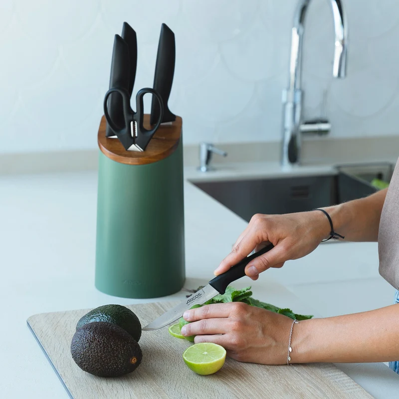 Juego cocina 4 Cuchillos Niza + Tijeras + Soporte de cuchillos verde con madera de acacia