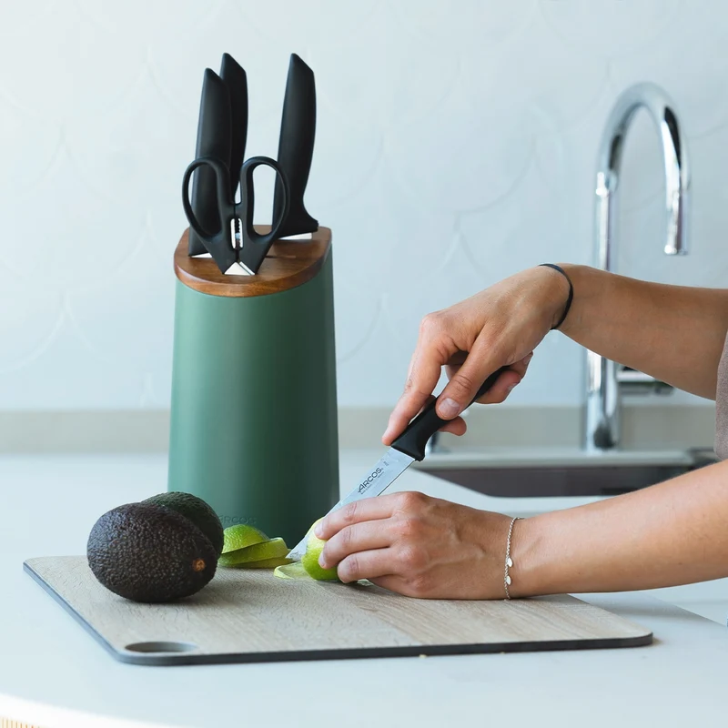 Juego cocina 4 Cuchillos Niza + Tijeras + Soporte de cuchillos verde con madera de acacia
