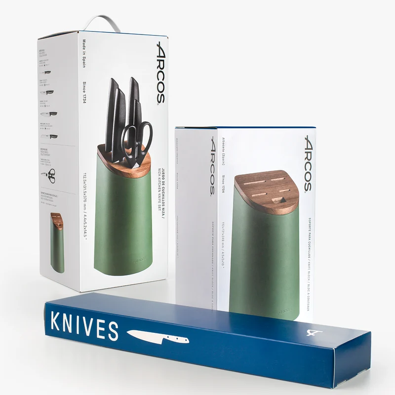 Juego cocina 4 Cuchillos Niza + Tijeras + Soporte de cuchillos verde con madera de acacia