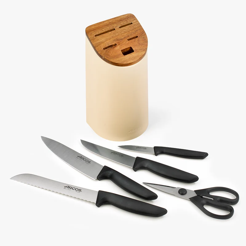 Juego cocina 4 Cuchillos Niza + Tijeras Prochef + Soporte de cuchillos beige con madera de acacia