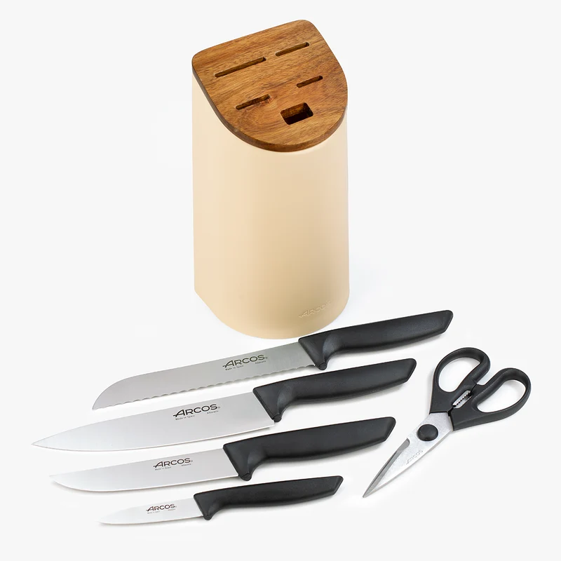 Juego cocina 4 Cuchillos Niza + Tijeras Prochef + Soporte de cuchillos beige con madera de acacia