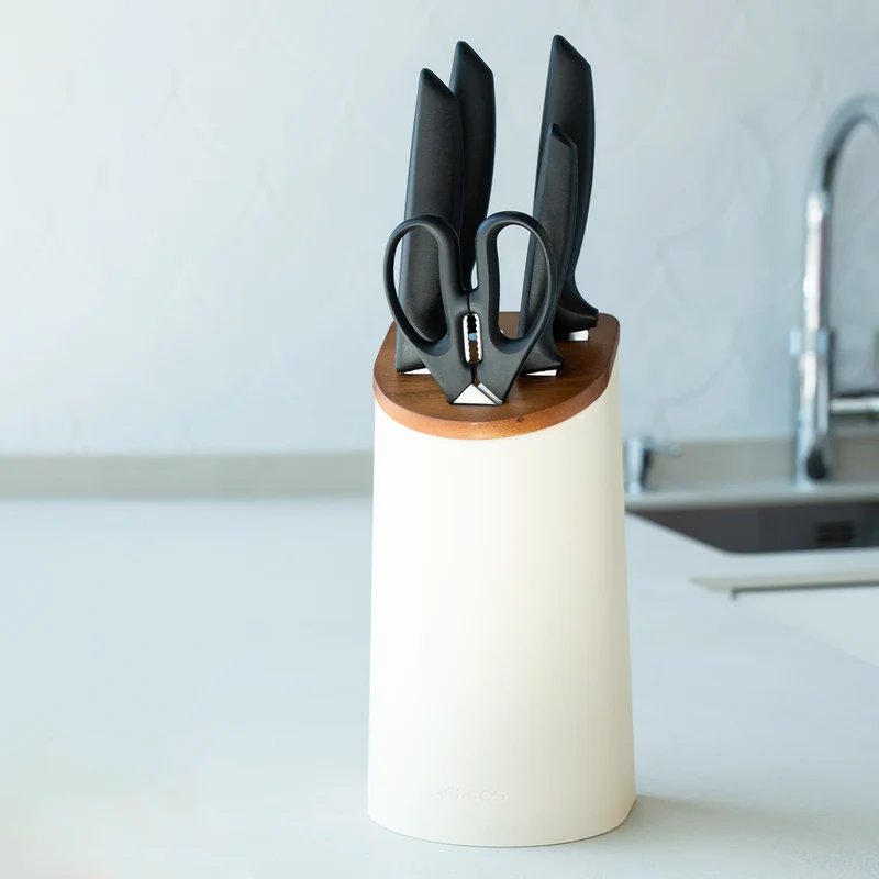 Juego cocina 4 Cuchillos Niza + Tijeras Prochef + Soporte de cuchillos beige con madera de acacia