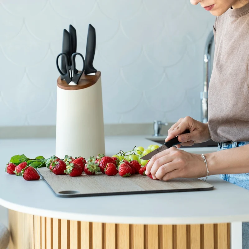 Juego cocina 4 Cuchillos Niza + Tijeras Prochef + Soporte de cuchillos beige con madera de acacia
