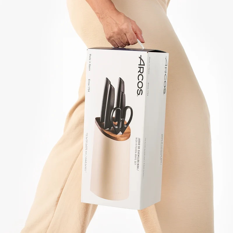 Juego cocina 4 Cuchillos Niza + Tijeras Prochef + Soporte de cuchillos beige con madera de acacia