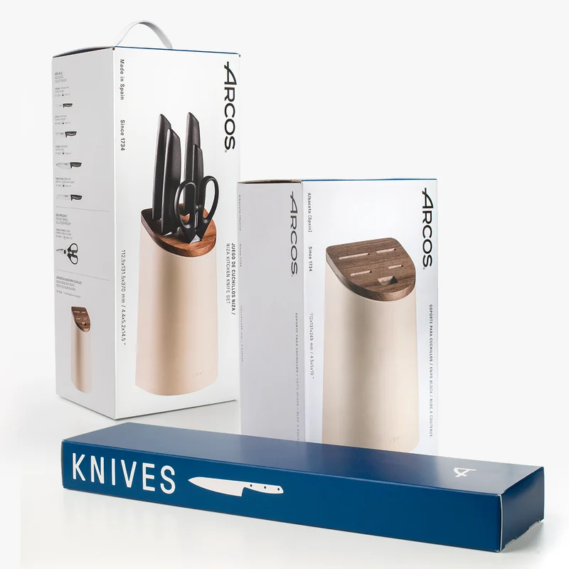 Juego cocina 4 Cuchillos Niza + Tijeras Prochef + Soporte de cuchillos beige con madera de acacia