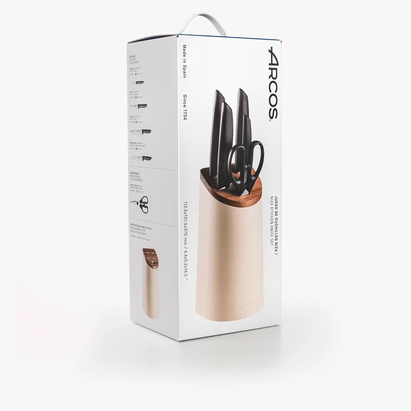 Juego cocina 4 Cuchillos Niza + Tijeras Prochef + Soporte de cuchillos beige con madera de acacia