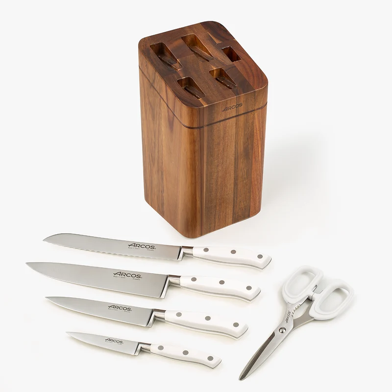 Juego cocina 4 pzas. serie Riviera Blanc + Tijeras + Soporte de cuchillos de madera de acacia