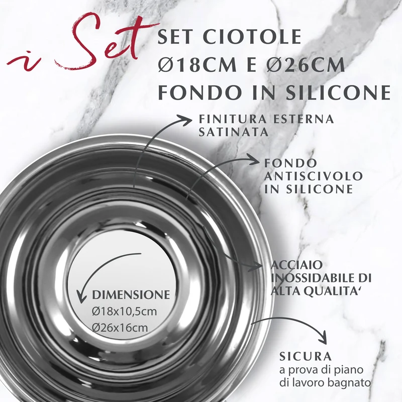 Set di 2 Ciotole da cucina, acciaio inox, base antiscivolo, Ø18 cm e Ø26 cm