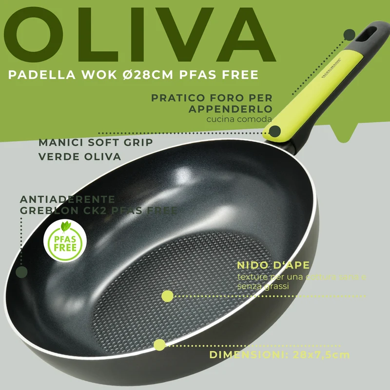 Padella Wok in alluminio antiaderente, 28 cm, Linea Oliva