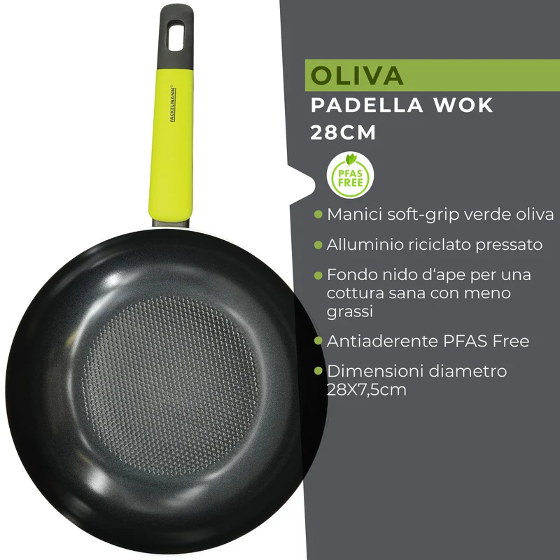Padella Wok in alluminio antiaderente, 28 cm, Linea Oliva