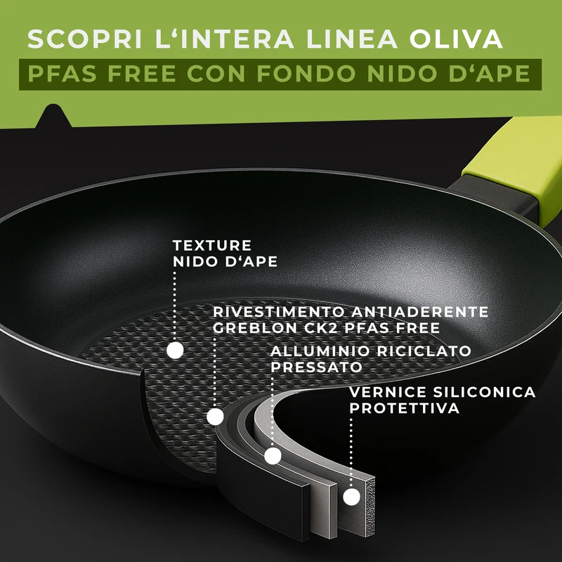 Padella Wok in alluminio antiaderente, 28 cm, Linea Oliva