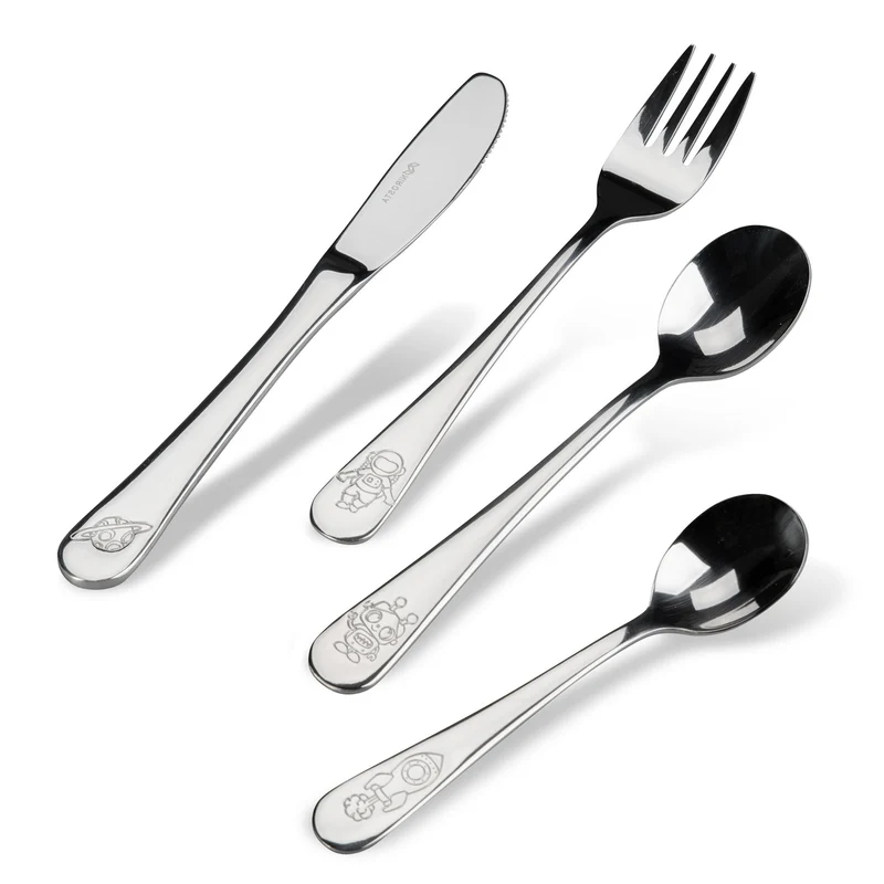 Posate per bambini, forchetta, coltello, cucchiai, in acciaio inox