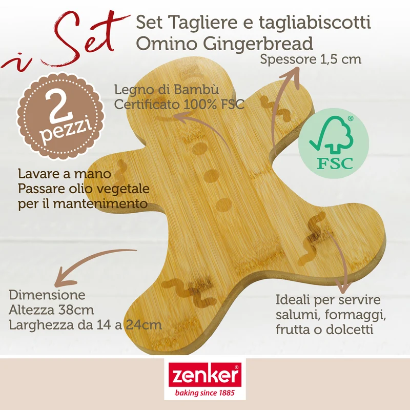Set Natale Tagliere Omino di Pan di Zenzero in Bambù e Formina per Biscotti in Acciaio Inox