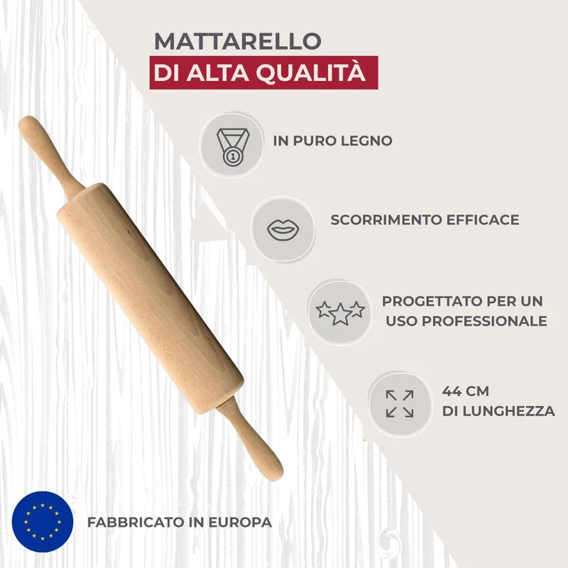Mattarello in legno di faggio con manici per stendere pasta fresca 44,5 x 6 x 6 cm